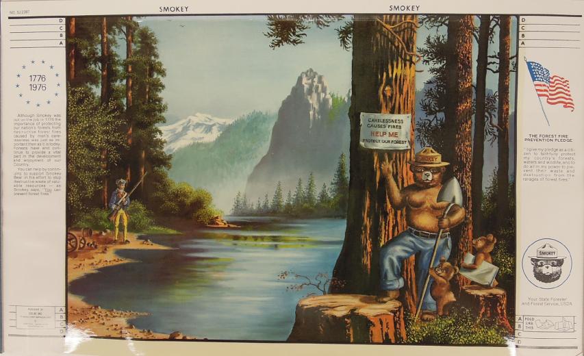 Ink landscape drawing with trees on left and right lining a river, mountains in the background, and clothed standing bear on right