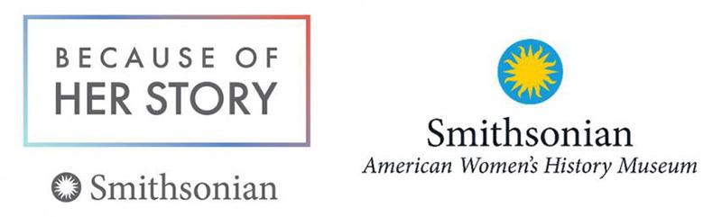Logos for Because of Her Story and American Women's History Museum