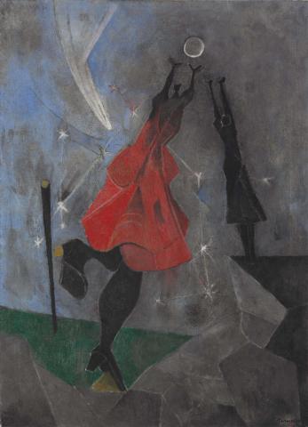 Painting of two figures reaching for a circular object