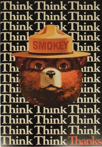 Background filled with the word Think, drawing of bear wearing a hat with name of Smokey