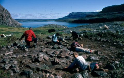 Field of rocks being examined by people along a slope, lake in the background