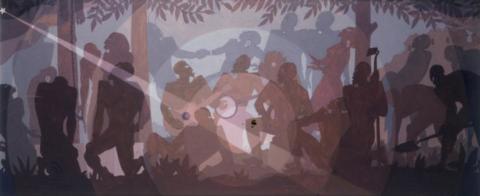 Artwork featuring shadowy figures dancing and playing instruments