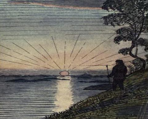 Drawing of a person watching a sunset from a shoreline