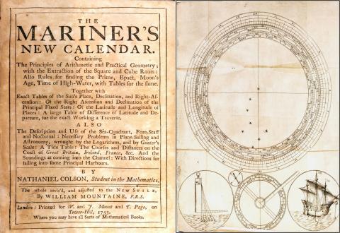 Pages of old book with Mariner's New Calendar and text on the left, four circles with drawings on the right