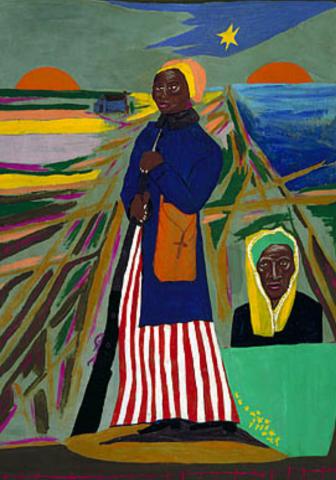 Colorful artwork featuring Black woman with red and white stripped dress and blue coat traveling on a road